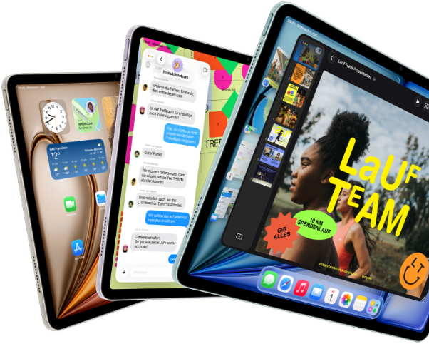 Drei iPad Air Displays in fächerähnlicher Anordnung, Farben: Blau, Violett, Polarstern, Vorderseite, Seitenansicht, die auf den Displays angezeigten Apps umfassen die Keynote App, Nachrichten und den Homescreen