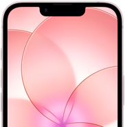 iPhone 17e, Teilansicht der Vorderseite mit Ceramic Shield 2, Farbe Hellrosa, zeigt ein Hintergrundbild mit einer rosa Blume