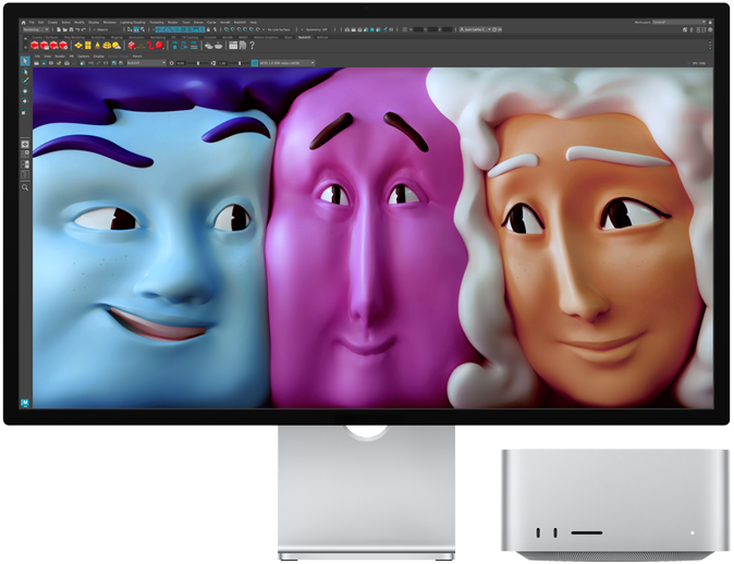 Vorderansicht des Mac Studio mit Studio Display