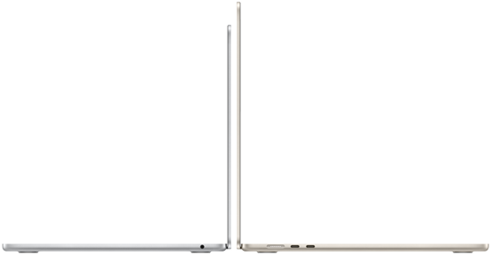 Geöffnete 13" und 15" MacBook Air Modelle, die mit den Rückseiten zueinander stehen